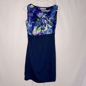 Polin Dress Career Floral Twist Neck Navy Slit 38 Asymmetrical Sleeveless